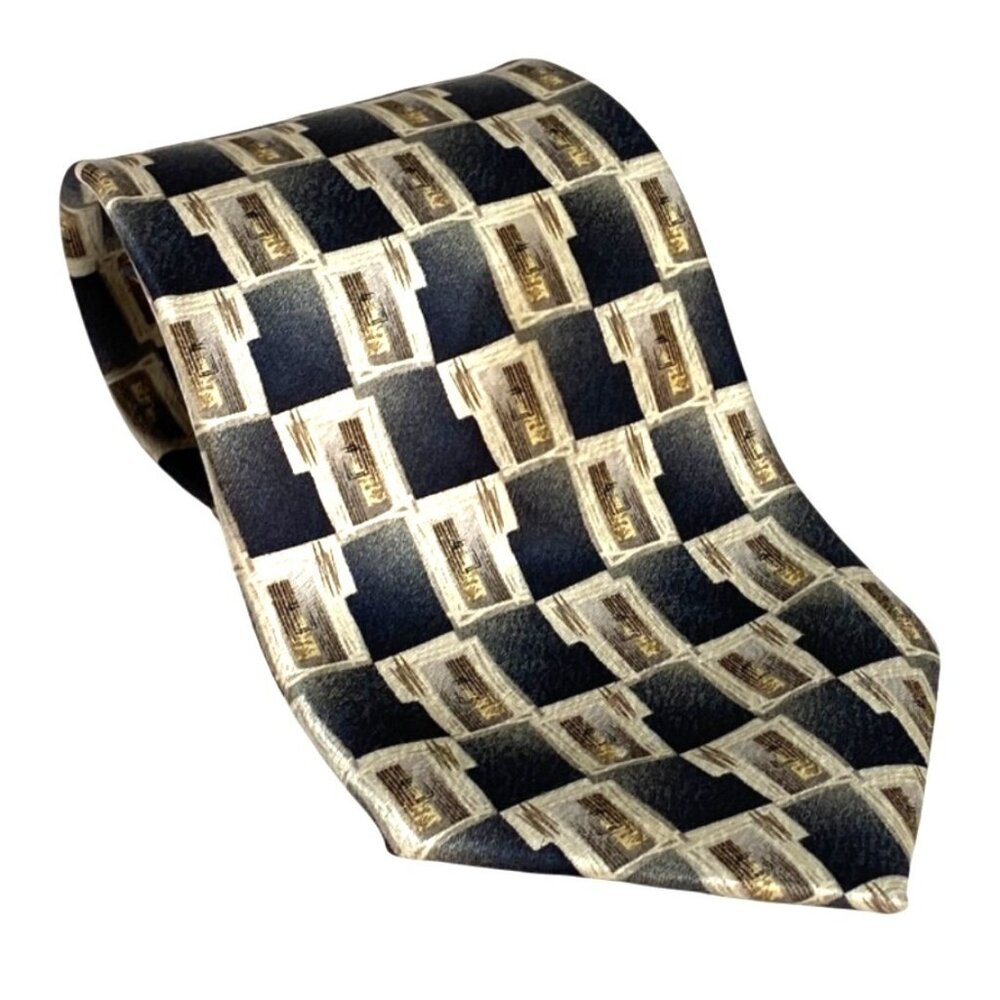 Pierre Cardin Vintage 60s Black Gold Geometric 100% Silk Men's Dress Neck Tie